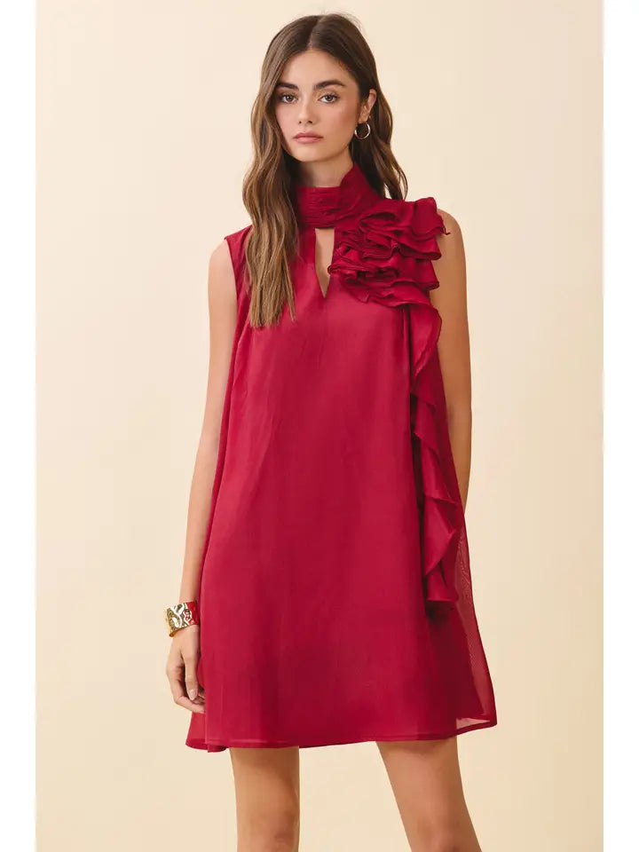 SLEEVELESS MOCK NECK LAYERED RUFFLE ACCENTS DRESS - RED