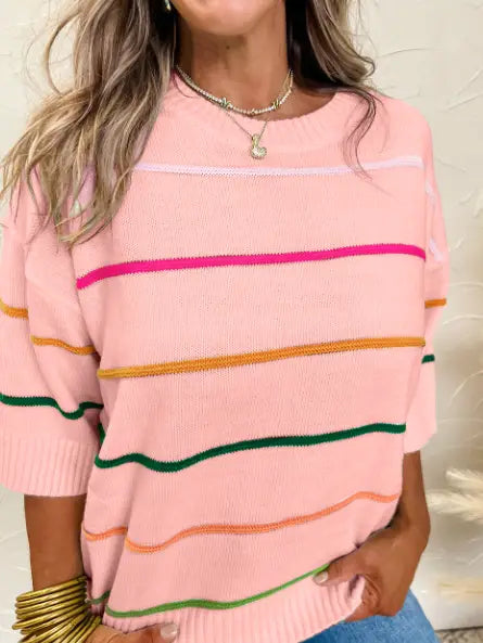 PINK COLOR BLOCK STRIPED HALF SLEEVE DROP SHOULDER