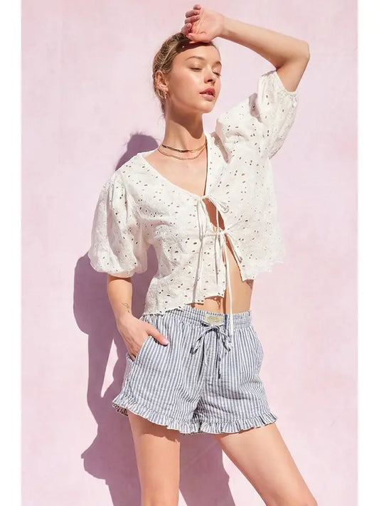 STRIPED COTTON RUFFLE SHORTS - LIGHT BLUE