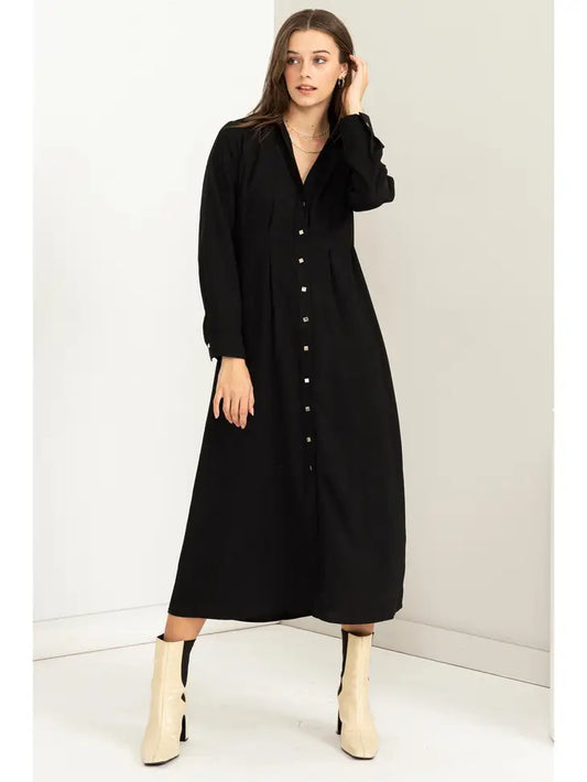 ON REPEAT BUTTON UP CINCHED MIDI DRESS - BLACK