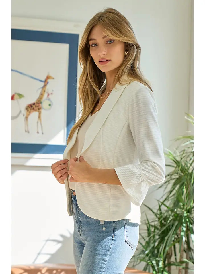 3/4 RUFFLE SLEEVE SOLID BLAZER - OFF WHITE