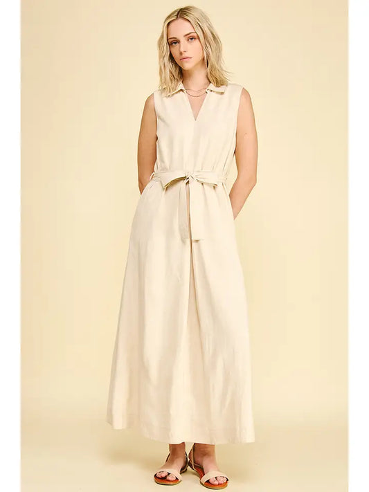 LINEN SLEEVELESS MAXI DRESS - OATMEAL