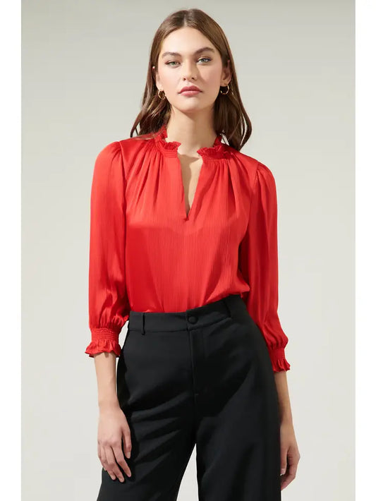 RODEO SPLIT NECK BLOUSE - RED