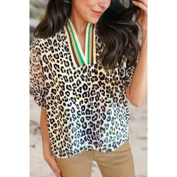 WILD LEOPARD COLOR BLOCK HALF SLEEVE BLOUSE