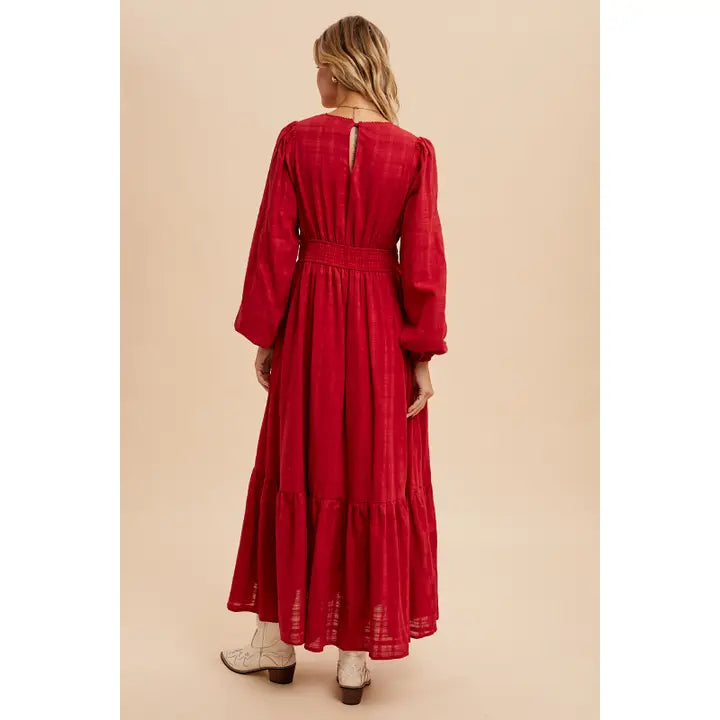 LACE DETAIL COTTON MAXI DRESS - RED