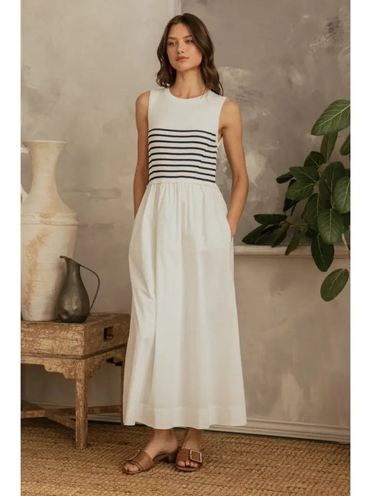 SLEEVELESS MIXED MEDIA MIDI DRESS - WHITE/NAVY