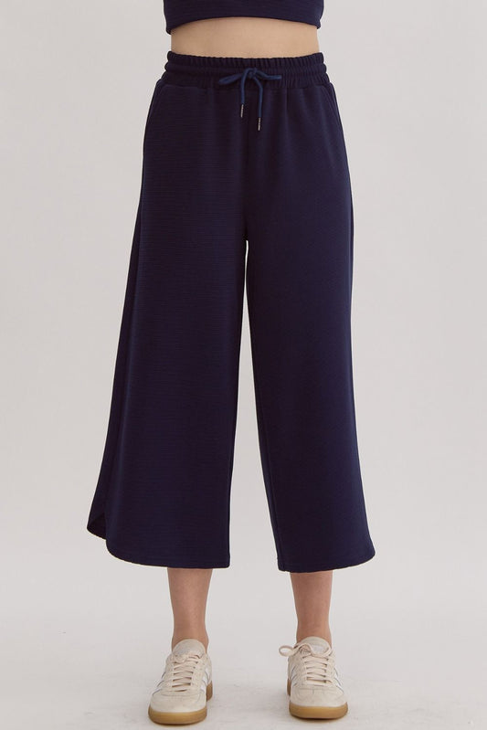 TEXTURED WIDE LEG PANTS - NAVY
