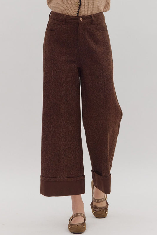 LEOPARD PRINT HIGH WAIST WIDE LEG CUFFED HEM - BROWN