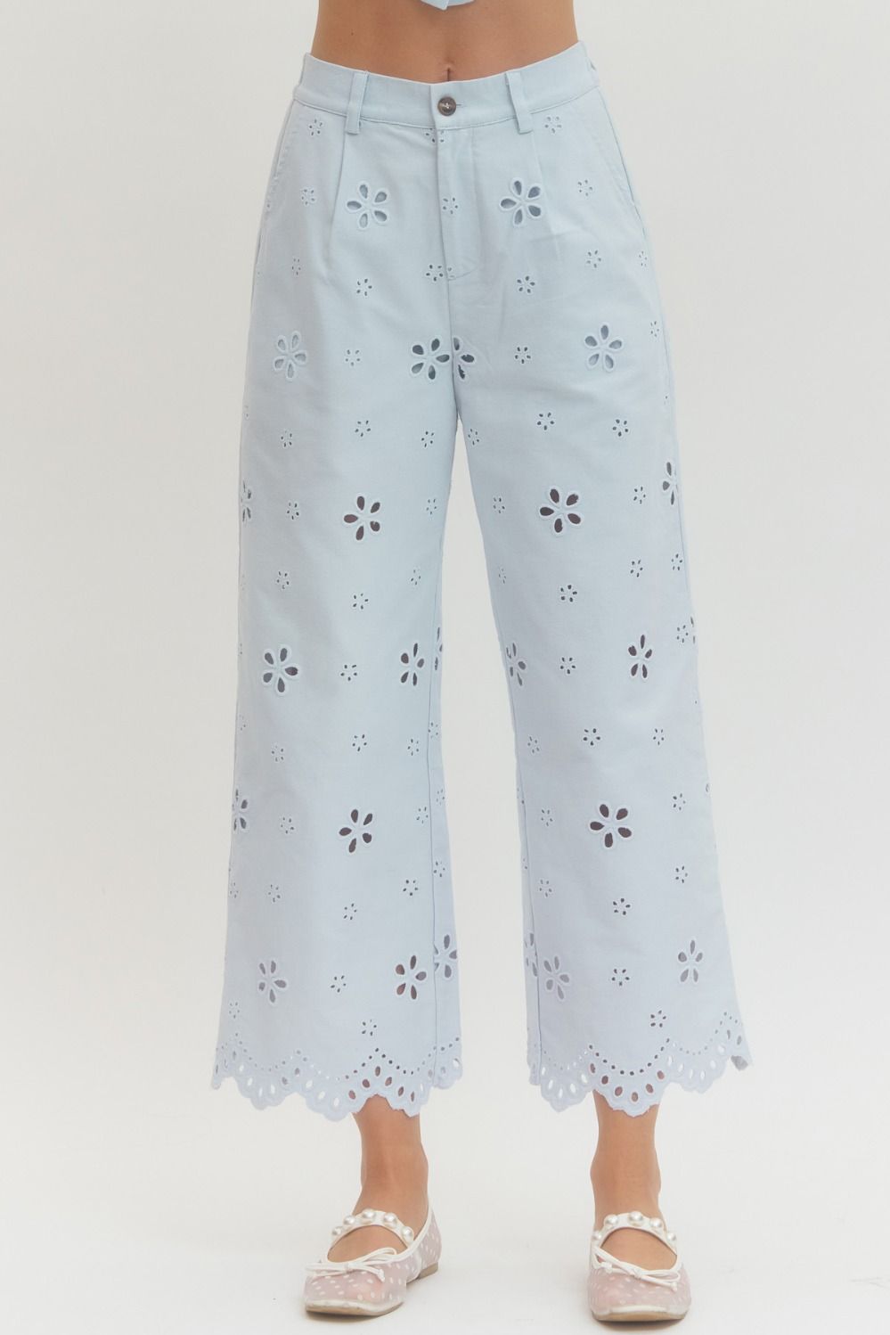 EYELET EMBROIDERED WIDE-LEG PANTS W/SCALLOPED HEM - LIGHT BLUE