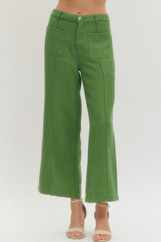 SOLID WIDE LEG PANTS WITH POCKET - FERN