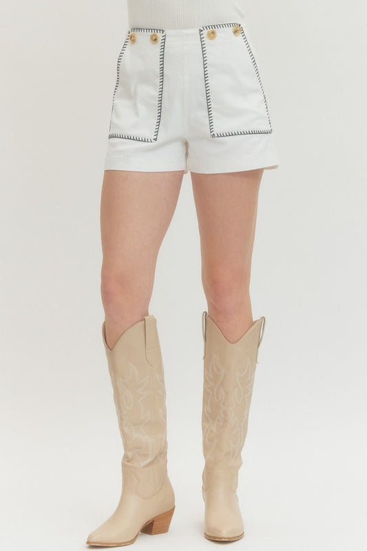 SOLID HIGH-WAIST SHORTS - OFF WHITE