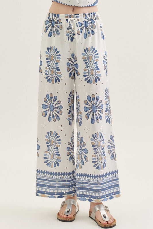 PRINTED WIDE LEG PANTS - BLUE COMBO