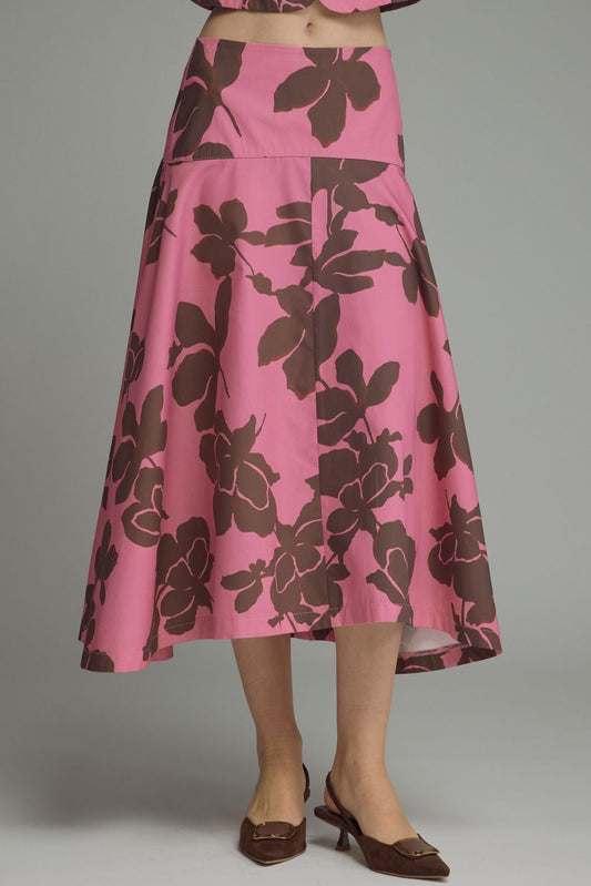 FLORAL PRINT MIDI SKIRT - PINK/BROWN