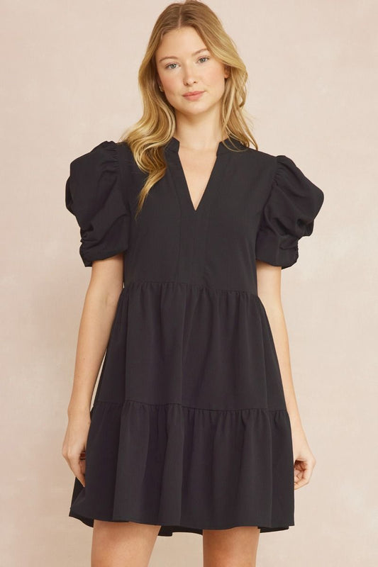 V NECK PUFF SLEEVE MINI DRESS - BLACK