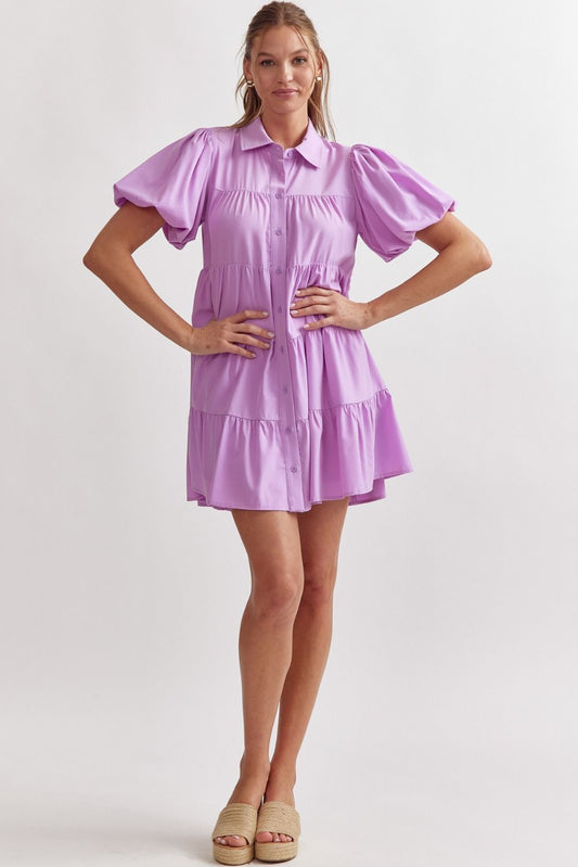BUTTON UP TIERED MINI DRESS - LAVENDER