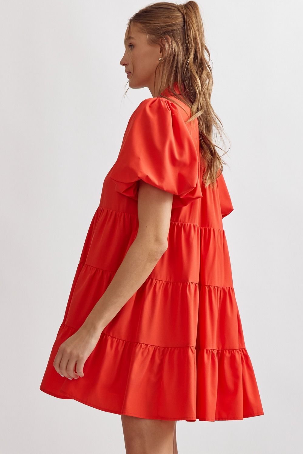 BUTTON UP TIERED MINI DRESS - RED