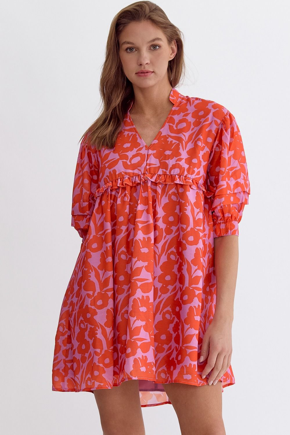 FLORAL PUFF SLEEVE MINI DRESS - ORANGE/LAVENDER