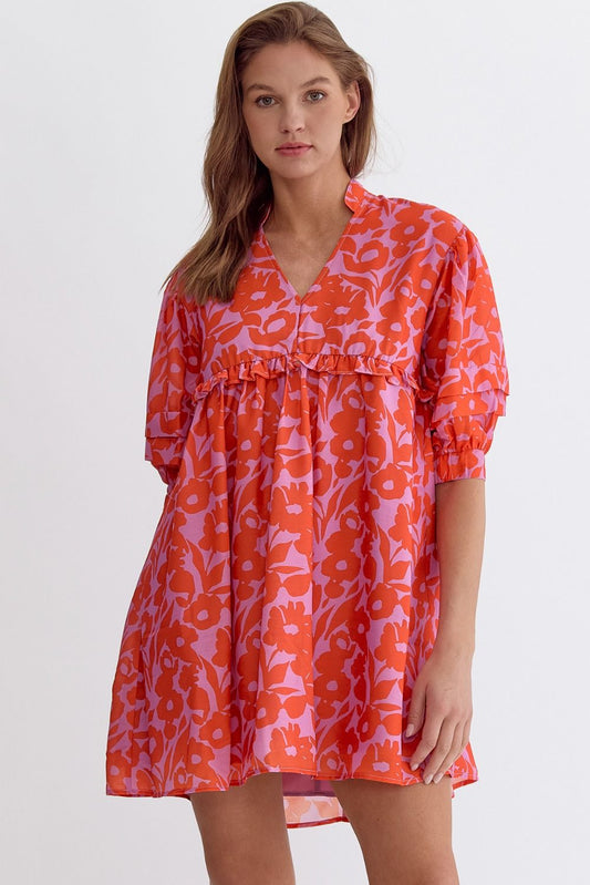 FLORAL PUFF SLEEVE MINI DRESS - ORANGE/LAVENDER