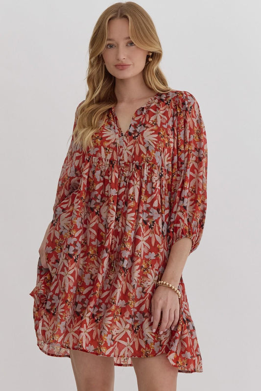 FLORAL PRINT MINI DRESS - RUST