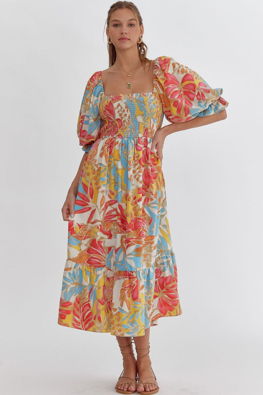 TROPICAL PRINT SQUARE NECK MIDI DRESS - BLUE/PINK COMBO