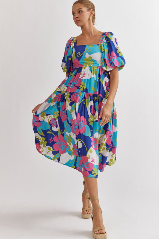 FLORAL PRINT SQUARE NECK MIDI DRESS - ROYAL COMBO