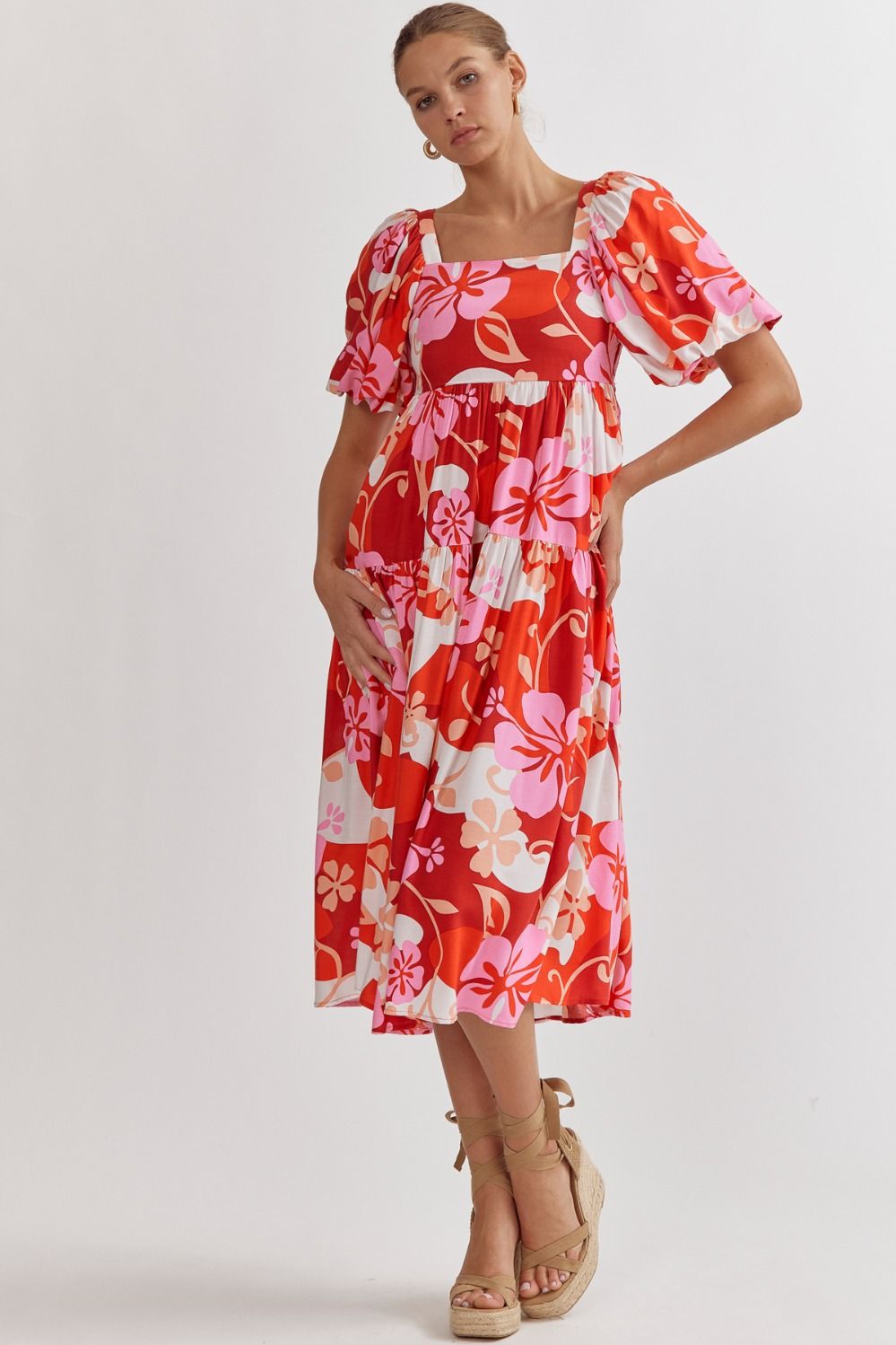 FLORAL PRINT SQUARE NECK MIDI DRESS - RED COMBO