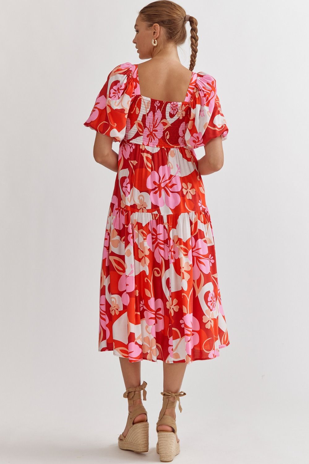 FLORAL PRINT SQUARE NECK MIDI DRESS - RED COMBO