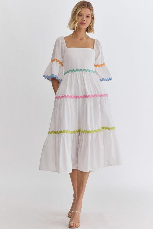 SQUARE NECK HALF SLEEVE MIDI DRESS - OFF WHITE