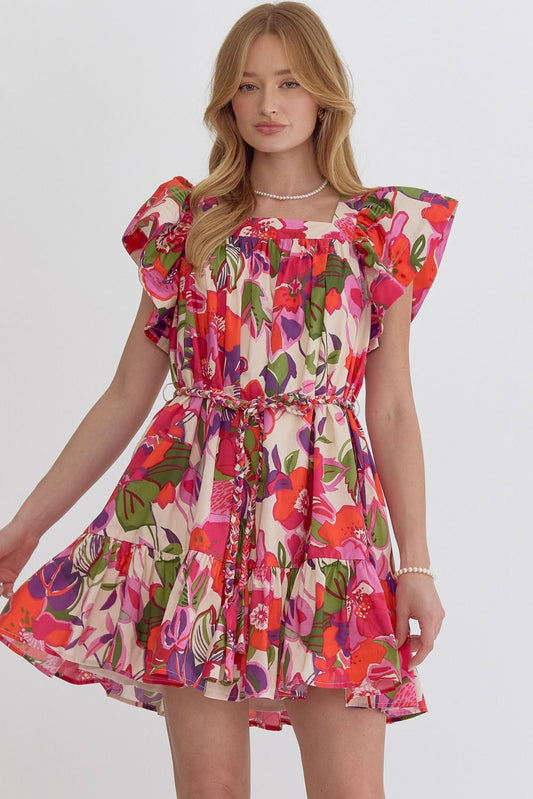 RUFFLE SLEEVE MINI DRESS - PINK