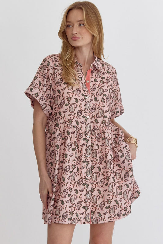 PAISLEY PRINT MINI DRESS - PEACH