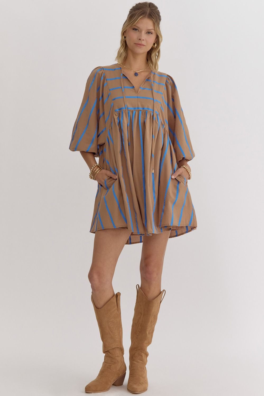 3/4 SLEEVE MINI DRESS - MOCHA