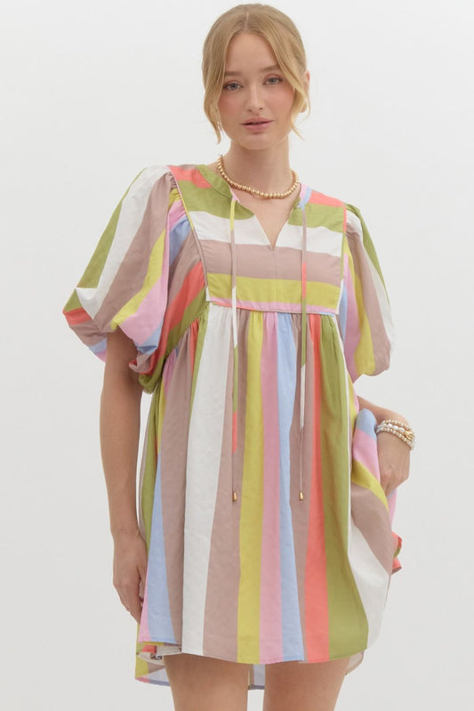 MULTICOLOR BUBBLE SLEEVE BABYDOLL DRESS - LIME MOCHA