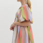 MULTICOLOR BUBBLE SLEEVE BABYDOLL DRESS - LIME MOCHA