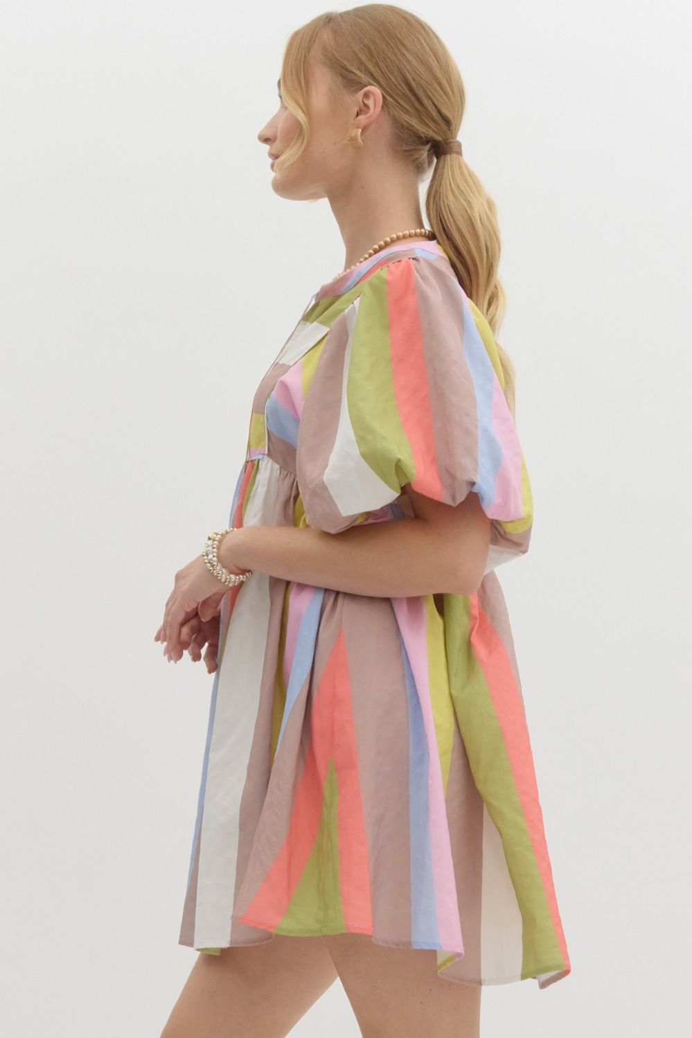 MULTICOLOR BUBBLE SLEEVE BABYDOLL DRESS - LIME MOCHA