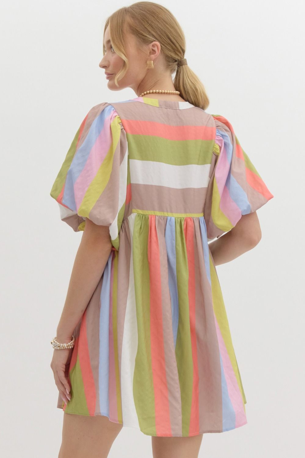 MULTICOLOR BUBBLE SLEEVE BABYDOLL DRESS - LIME MOCHA