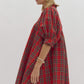 PLAID V NECK PUFF SLEEVE MINI DRESS - RED