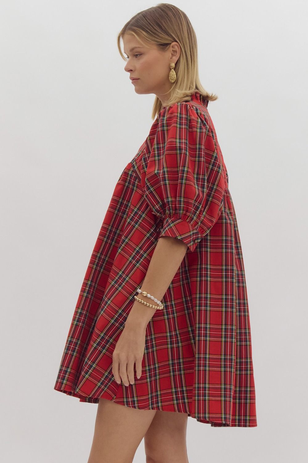 PLAID V NECK PUFF SLEEVE MINI DRESS - RED