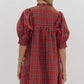 PLAID V NECK PUFF SLEEVE MINI DRESS - RED