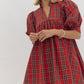 PLAID V NECK PUFF SLEEVE MINI DRESS - RED