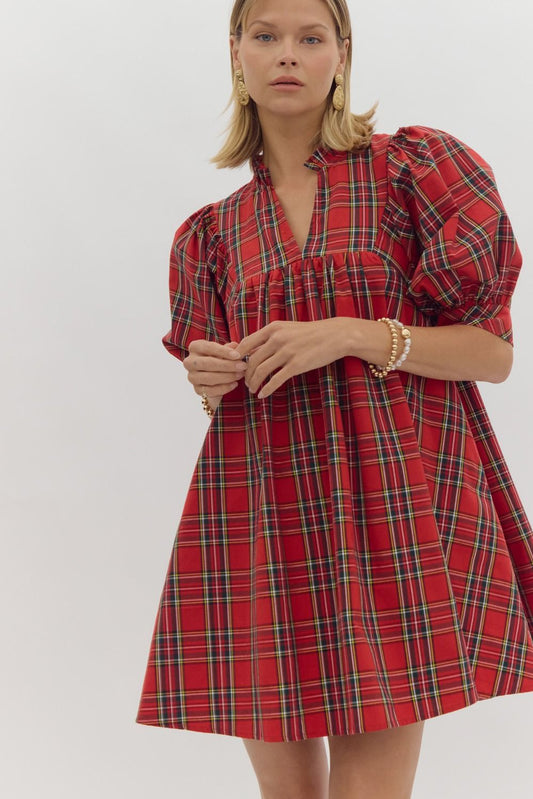 PLAID V NECK PUFF SLEEVE MINI DRESS - RED