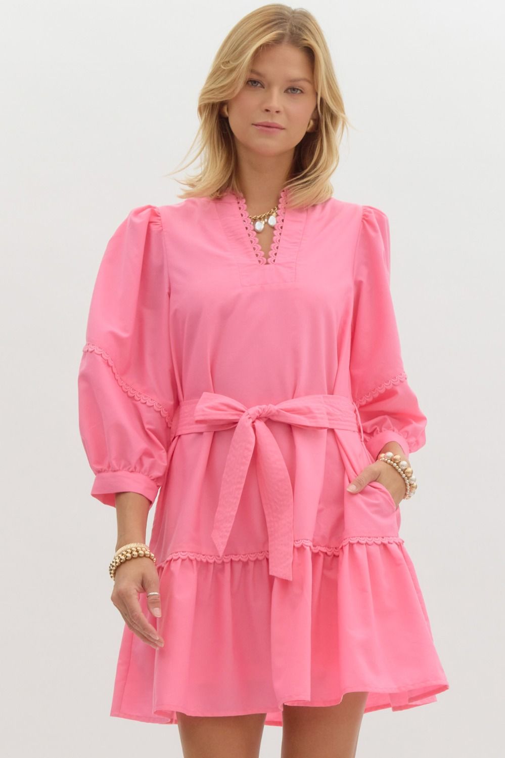 3/4 SLEEVE MINI DRESS - PINK