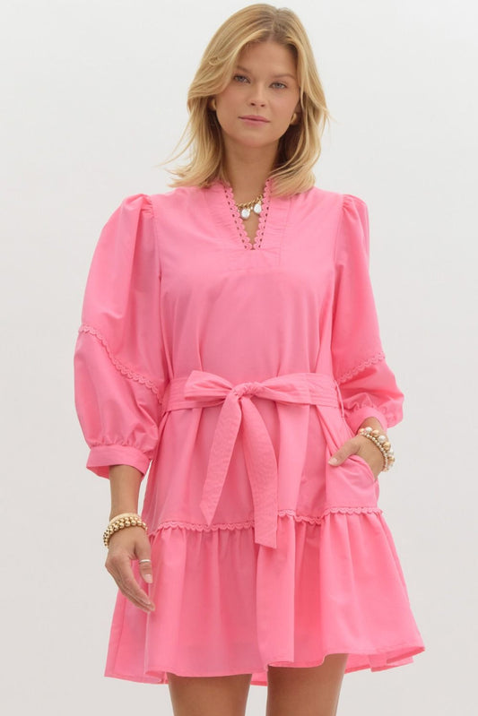 3/4 SLEEVE MINI DRESS - PINK