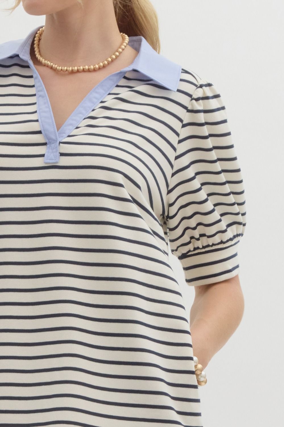 STRIPE V NECK COLLARED MINI DRESS - OFF WHITE