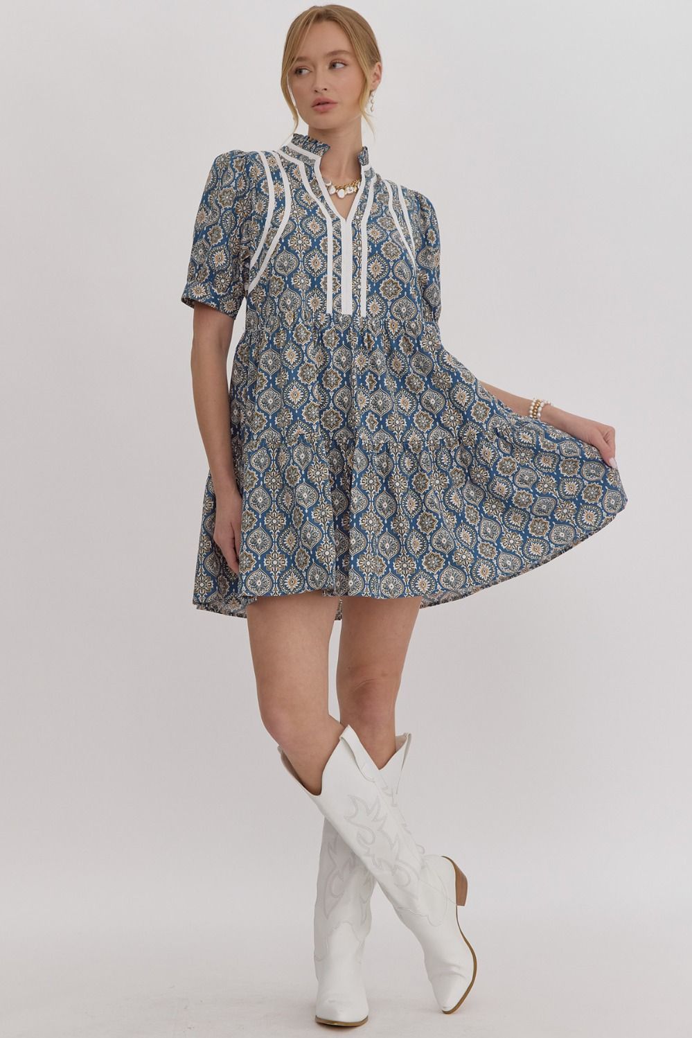 V NECK MNI DRESS - DENIM