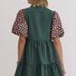 SOLID V NECK BUBBLE SLEEVE MINI DRESS - HUNTER GREEN