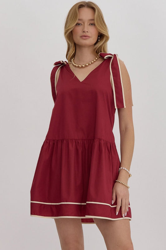 SHOULDER TIE MINI DRESS - CRIMSON