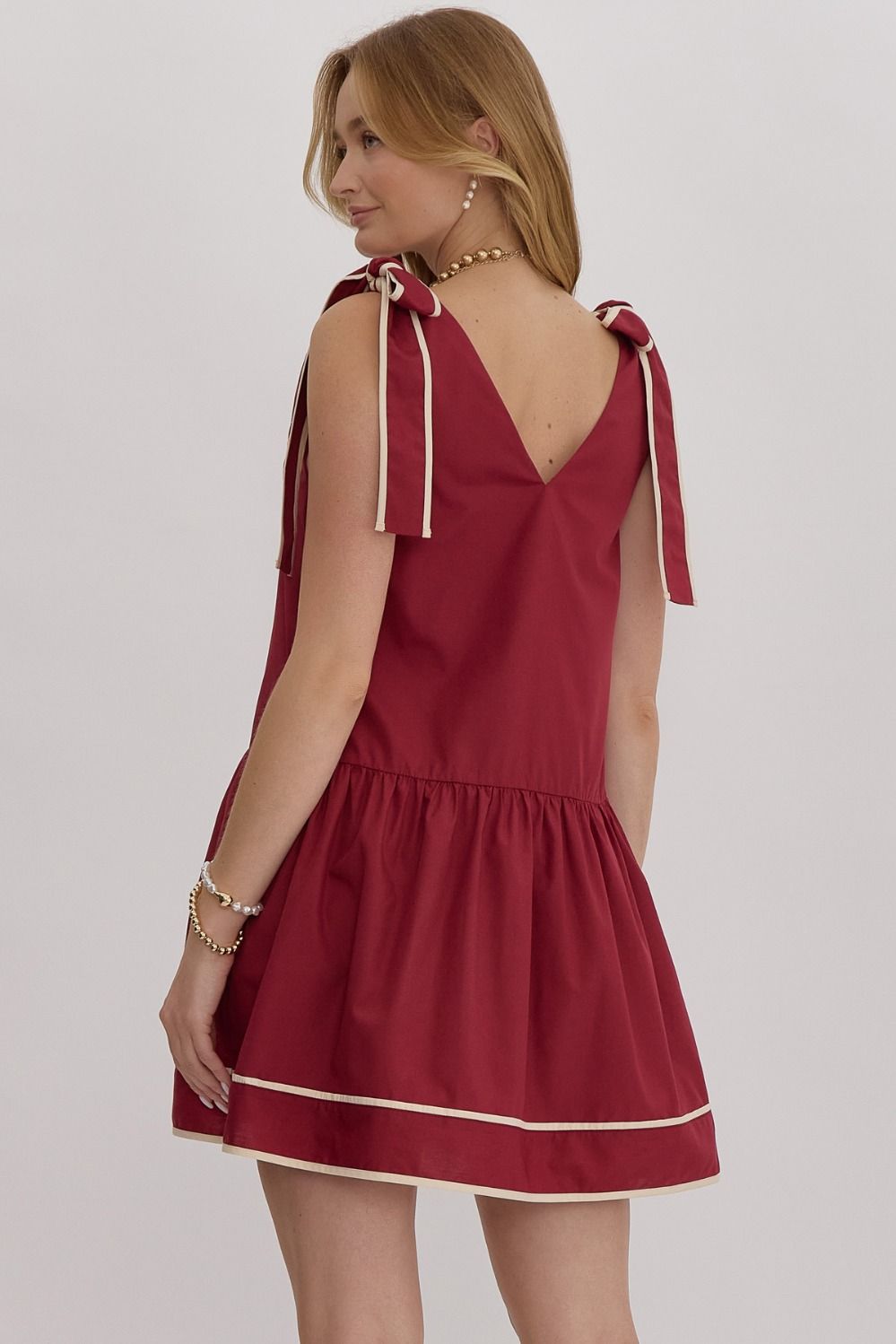 SHOULDER TIE MINI DRESS - CRIMSON