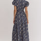 FLORAL V NECK MIDI DRESS - NAVY