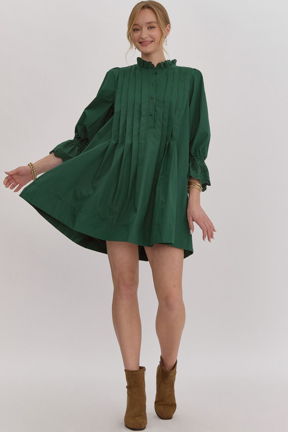 PLEAT MINI DRESS - FOREST