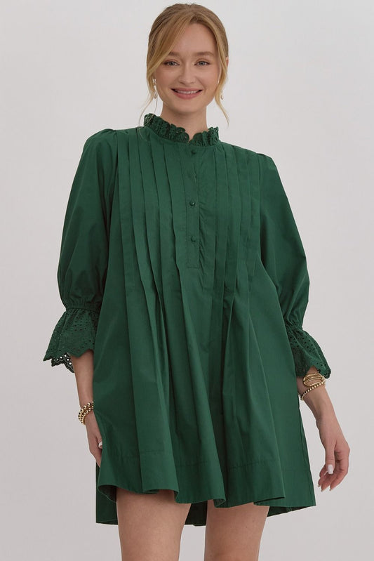 PLEAT MINI DRESS - FOREST